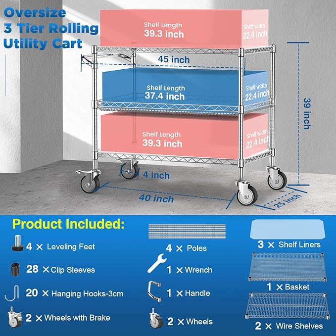 Leteuke Heavy Duty Rolling Utility Cart, 45 Inch Kitchen Carts with Wheels, NSF Commercial Grade with Handle & Shelf Liners, 1120LBS Storage Cart for Kitchen,Restaurant,Plant Display-Chrome
