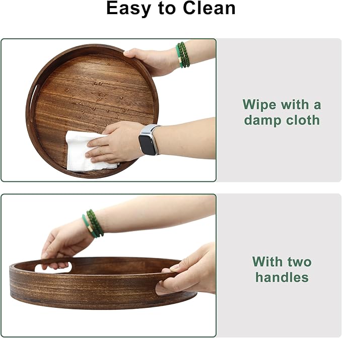 Round Decorative Tray,Wooden Serving Tray with Handles, 11.8in Vintage Brown Decorative Trays for Coffee Table,Kitchen Counter,bandejas decorativas