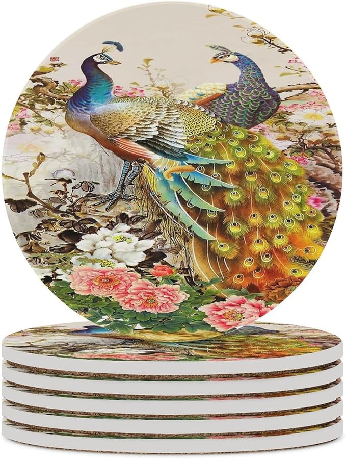 Round-6PCS Peacock Ceramic Coasters, Round Absorbent Drink Coasters, Vintage Tree Branch Beautiful Plant Floral Gold Peacock Ceramic Table Coasters for Coffee, Beverage, Wine, Beer Coasters