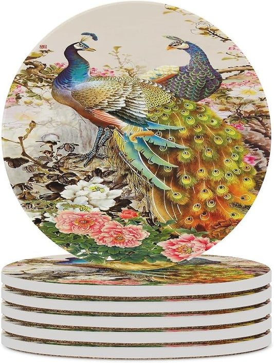 Round-6PCS Peacock Ceramic Coasters, Round Absorbent Drink Coasters, Vintage Tree Branch Beautiful Plant Floral Gold Peacock Ceramic Table Coasters for Coffee, Beverage, Wine, Beer Coasters