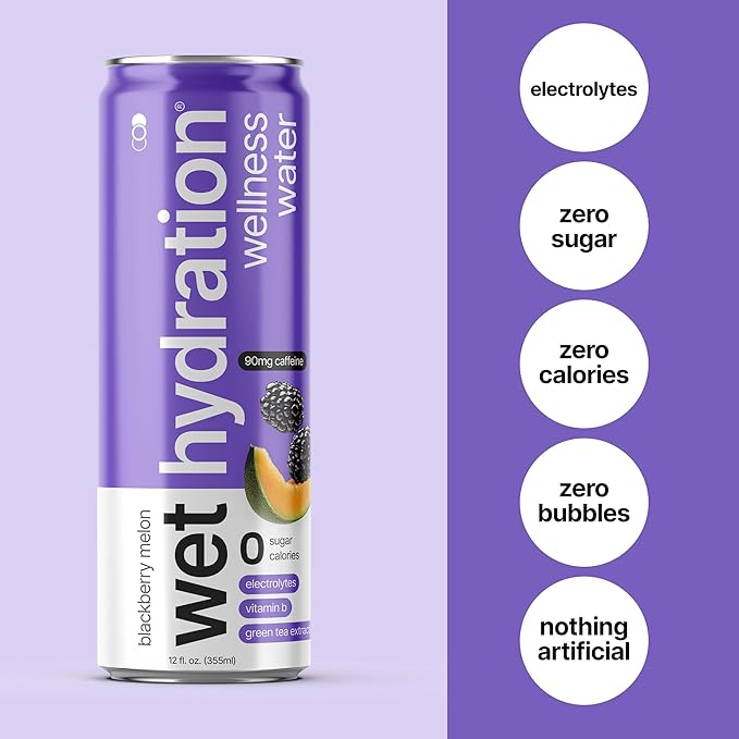 Wet Hydration | Functional Wellness Water, Non-Carbonated - Blackberry Melon (12 Ounce Cans, Pack of 12) - Flavored Water, Hydration Drink, No Sugar, No Artificial Ingredients, Zero Calories (Packaging May Vary)