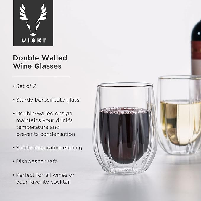 Viski Insulated Double Walled Stemless Wine Glasses, Drinking Glass with Cut Crystal Design, Home Bar Accessories, Glassware, 13 oz, Set of 2, Clear