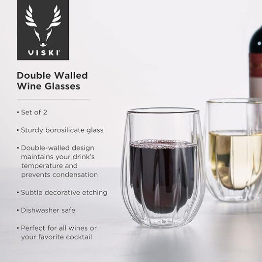Viski Insulated Double Walled Stemless Wine Glasses, Drinking Glass with Cut Crystal Design, Home Bar Accessories, Glassware, 13 oz, Set of 2, Clear