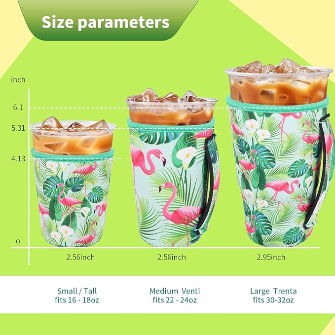 3 Pack Iced Coffee sleeve Insulated Neoprene Cup Sleeves with handle For Cold Drinks Beverages, Reusable Cup Holder for 16oz-32oz Coffee Cups (Flamingo)