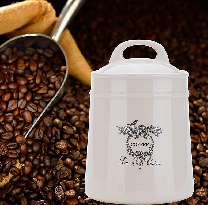 Ceramic Coffee Canister Jars,Airtight Coffee Storage Container with Handle Lid,Ceramic Food Storage Jars for Coffee Beans,Vacuum Sealed Vintage Kitchen Canisters Large,8.5 inches (Beige)