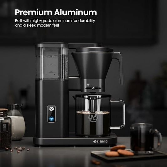 Kismile 8 Cup Drip Coffee Maker Machine, Pour Over Coffee Brew with 3s Instant Heat 197-205℉, Removable Water Tank, Adjustable Flow Control, Deep Cold Brew & Keep Warm 40 Min, Easy to Clean(Black)