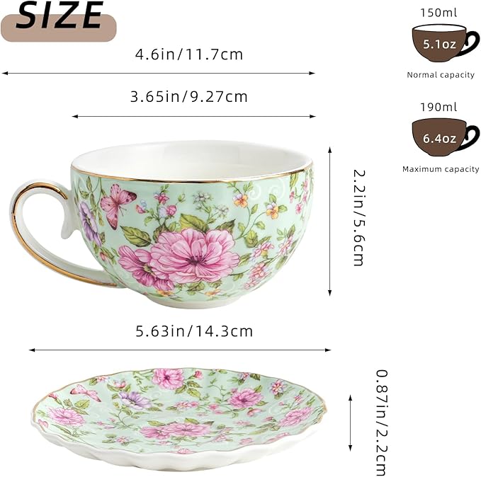 Tea Cup and Saucers, 6.4oz Floral Tea Cups with Gold Trim, Porcelain Teacup, Coffee Cappuccino Espresso Latte Mugs for Party Birthday,Party Cafe Home, Christmas Gift (Green)