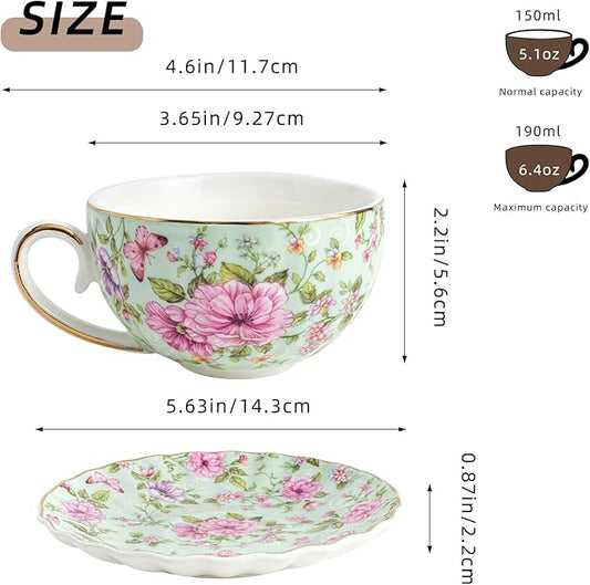 Tea Cup and Saucers, 6.4oz Floral Tea Cups with Gold Trim, Porcelain Teacup, Coffee Cappuccino Espresso Latte Mugs for Party Birthday,Party Cafe Home, Christmas Gift (Green)