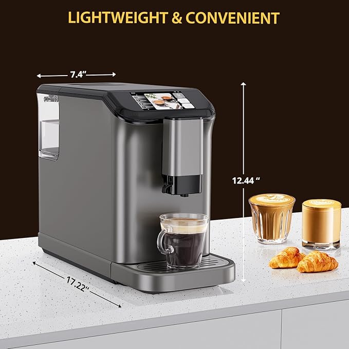 LinTimes Fully Automatic Espresso Machine with Built-in Grinder & Auto Milk Frother, 20-Bar Pressure, 6 Coffee Presets, LCD Color Touch Screen, Auto-Clean, 53oz Removable Tank, 120V/60Hz, Silver