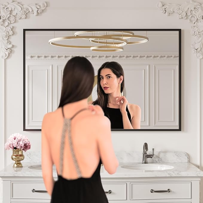 LOAAO 48"X30" Black Rectangle Bathroom Mirror Wall, Matte Black Aluminum Alloy Frame, Tempered Glass, Hangs Vertically or Horizontally, Easy to Install