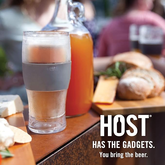 HOST Freeze Beer Glasses, 16 ounce Freezer Gel Chiller Double Wall Plastic Frozen Pint Glass, Set of 4, Black and Grey