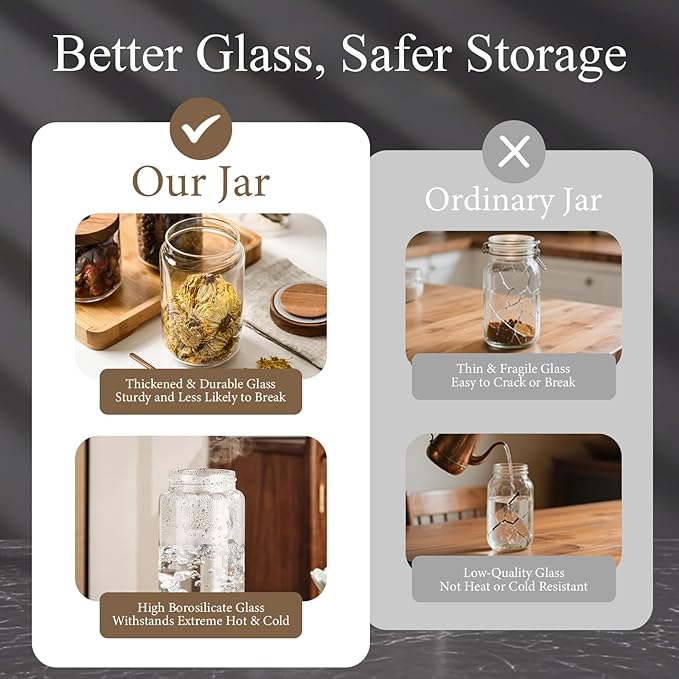 Glass Jars with Airtight Wood Lids - Small Large Kitchen Pantry Storage Containers, Canisters for Spaghetti, Noodles, Pasta, Ground Coffee, Sugar, Cereal, Spice, Salt, Salad, Matcha, Set of 5