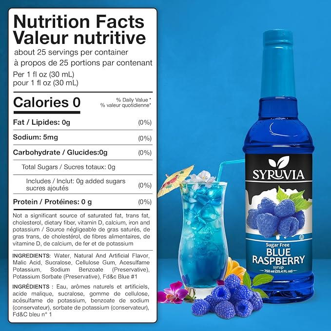 Syruvia Sugar-Free Blue Raspberry Syrup, Flavored Syrup for Drinks, Cocktails, Lemonades, Iced Teas, and Desserts – 25.4 fl oz, With Pump
