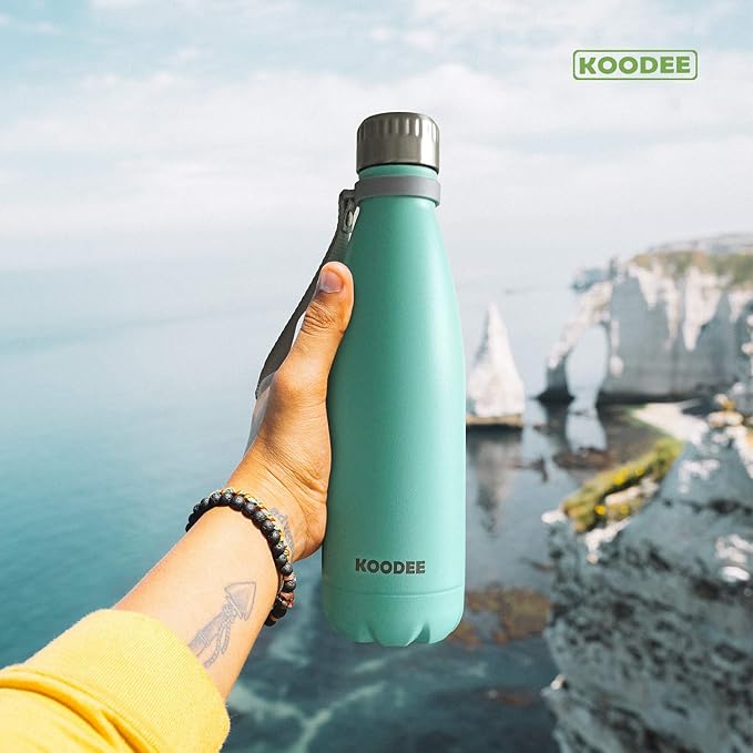 koodee Insulated Water Bottle(2 Pack) 18/8 Stainless Steel Double Wall Vacuum Water Bottle, 17 oz Cola Shape Travel Thermal Flask (2 Pack Aquamarine Blue)