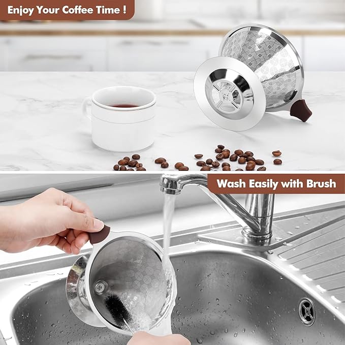 Pour Over Coffee Dripper, LOOFORE Stainless Steel Coffee Filter 1-4 Cup, Metal Cone Filter Paperless Reusable Coffee Filter, Double Mesh Design with Spoon and Cleaning Brush