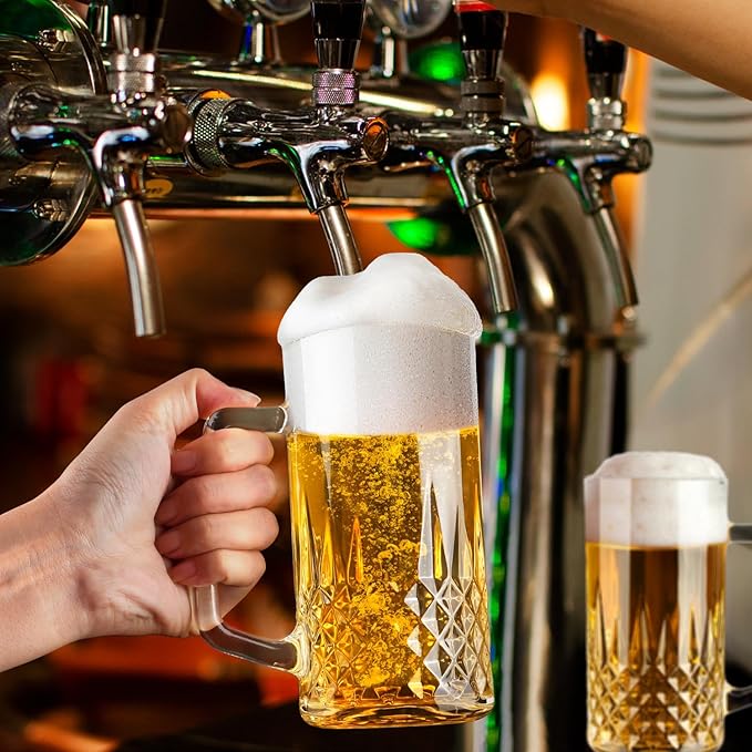 Beer Mug Set of 2, 20oz Crystal Beer Glasses with Handle, Glass Beer Mugs for Freezer, Gifts for Men