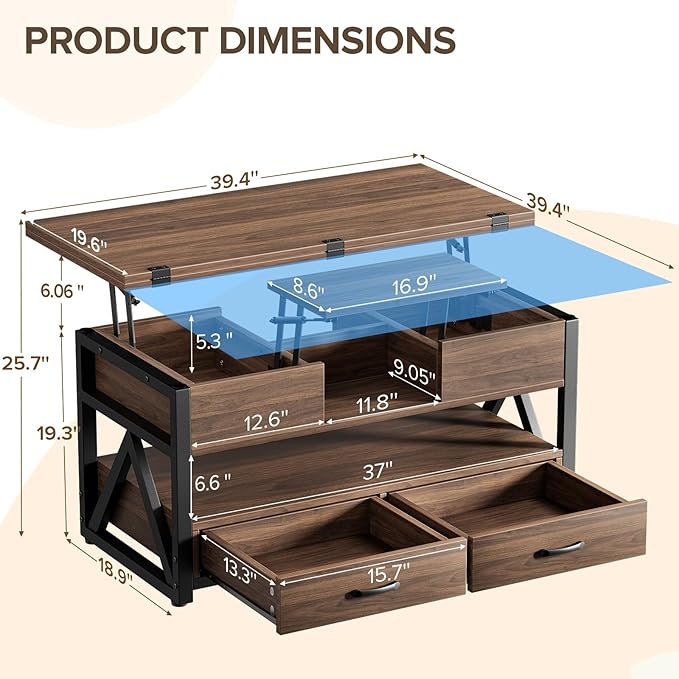 40" Lift Top Coffee Table,4 in 1 Multi-Function Lift Coffee Tables with Storage Drawers and Hidden Compartmen,Farmhouse Coffee Table with Lifting top for Living Room, Walnut