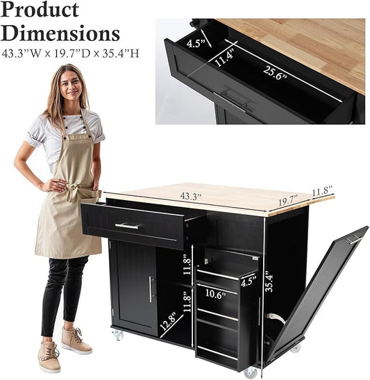 43.3" Rolling Kitchen Island Cart with Drop Leaf & Storage - Mobile Kitchen Organizer with Wheels, Rubberwood Top, Trash Bin Cabinet & Towel Rack, Farmhouse Style for Small Spaces Black