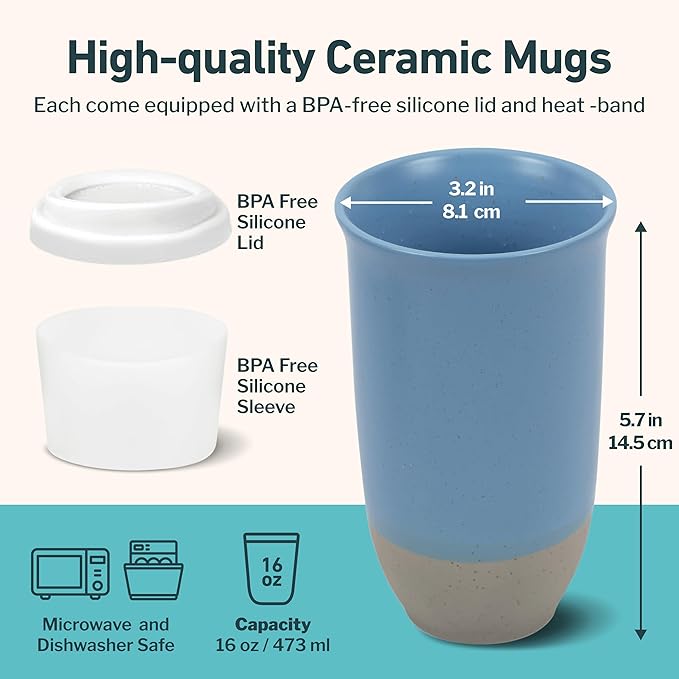 NOVA CERAMICS Travel Mug - Ceramic Coffee Mug With Lid – Microwave & Dishwasher Safe Coffee White & Grey Tumbler - Fits In Cup Holder – 16oz – Coastal Drift