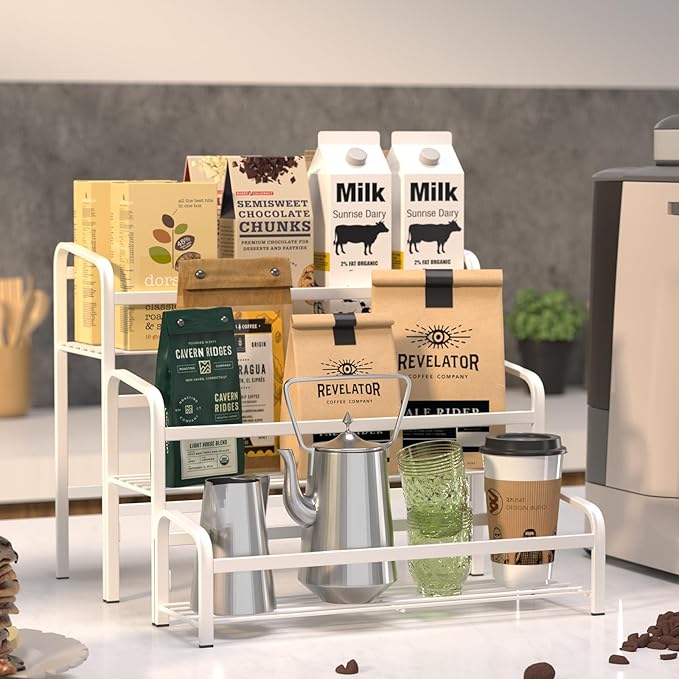 DTUQYX Coffee Syrup Organizer 3-Tier, 12 Bottles Capacity Coffee Syrup Rack, Metal Syrup Stand for Spice, Wine, Liquor, Bottle, Coffee Bar Station Racks Magnetic, No Installation, White