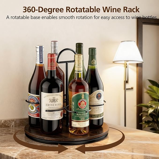 MAYELM 360° Rotating Wine and Coffe Syrup Bottle Rack, 6-Bottle Countertop Organizer with Non-Slip Base, Space-Saving Liquor and Syrup Bottle Display Shelves for Home Bar and Kitchen