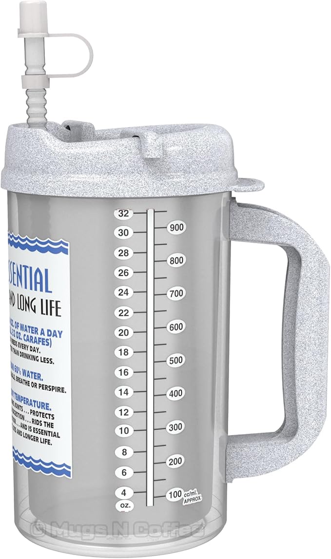 Mugs N Coffee 32 oz Travel Mug – Granite Water is Essential Hospital Mug – Double Wall Insulated, Large Handle – BPA-Free, Leak-Resistant – Includes Lid and Straw – Made in USA