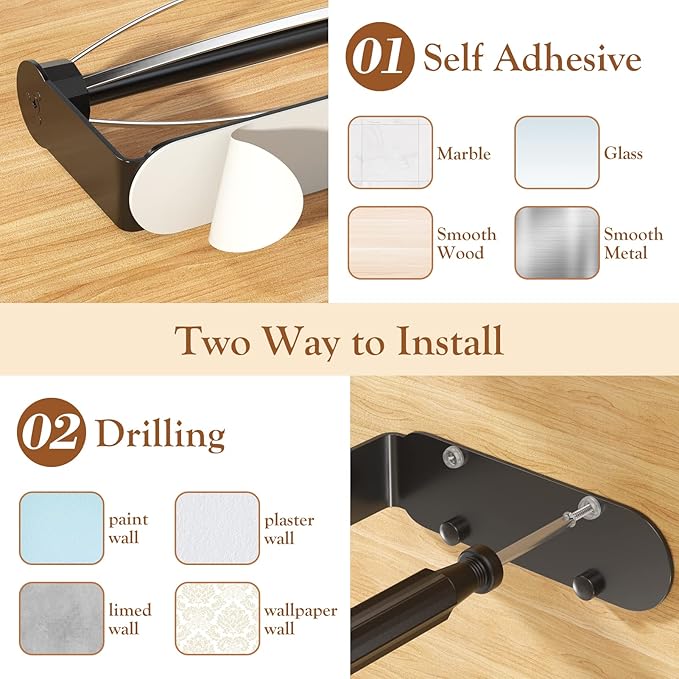 3 Pack Paper Towel Holder Under Cabinet + 2 Towel Robe Hooks, Single Hand Operable Wall Mount Paper Towel Holder with Damping Effect, Adhesive or Drilled Paper Roll Holders for Kitchen, Bathroom, RV