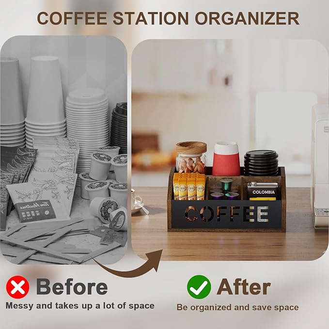 YINMIT Coffee Station Organizer for Countertop, Wood Coffee Bar Organizer with Removable Dividers for Pods, Syrup, Cups, Stirrer, Tea - Office Bar Accessories (Iron Sheet-Vintage Brown, 1 Tier)