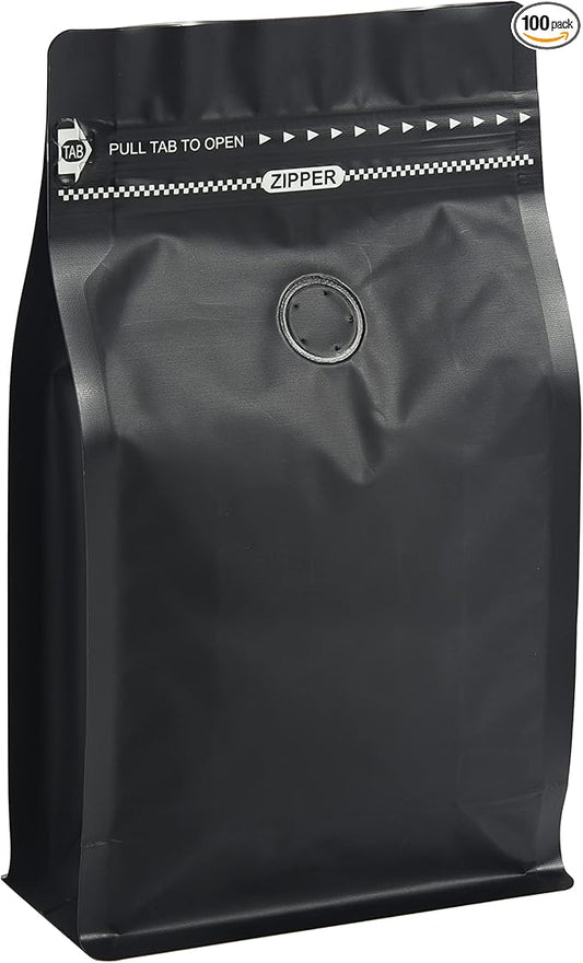 Black Coffee Bags with Valve (Pack of 100, 12oz/0.75lb Size) - High Barrier Aluminum Foil - Flat Bottom Coffee Pouches with Rsealable Zipper & Easy Open Tape