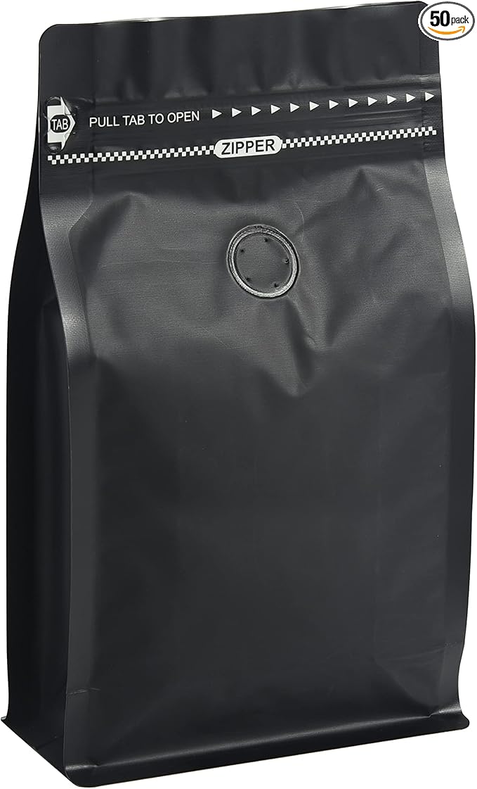 50 Count ¾ LB Black Color Foil Coffee Bags - High Barrier Aluminum Foil - Flat Bottom Coffee Pouches with Degassing Valve, Food Storage Bags with Rsealable Zipper & Easy Open Tape (Pack of 50,