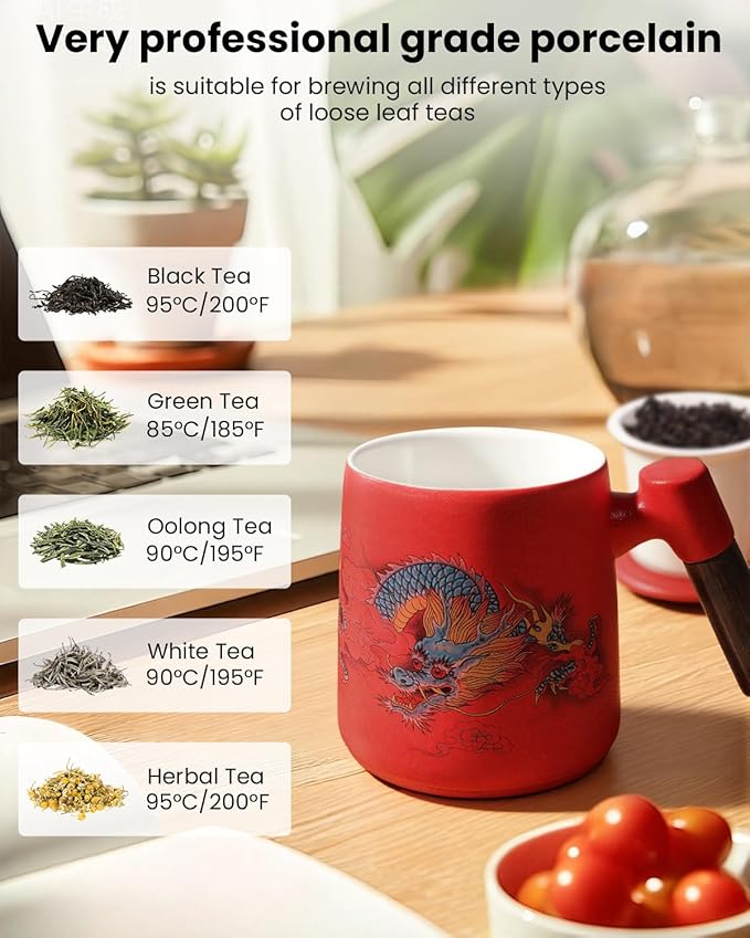 Porcelain Tea Cup with Infuser and Lid,Ceramic Tea Mug for Loose Leaf,Tea Strainer Cup with Wood Handle,Chinese Dragon Red Cup,All Ceramic Infuser,BPA-Free for Tea Lovers/Birthday/Valentine's Day