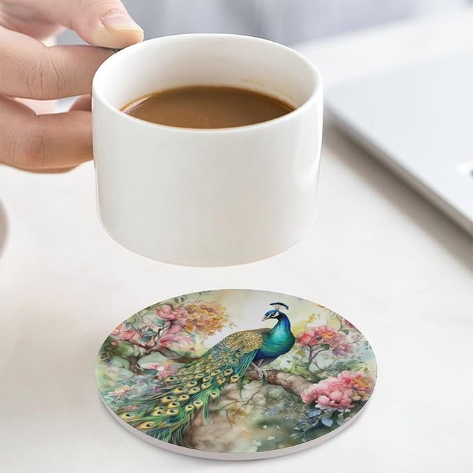Round-4PCS Peacock Ceramic Coasters, Round Absorbent Drink Coasters, Vintage Watercolor Style Floral Beautiful Peacock Ceramic Table Coasters for Coffee, Beverage, Wine, Beer Coasters
