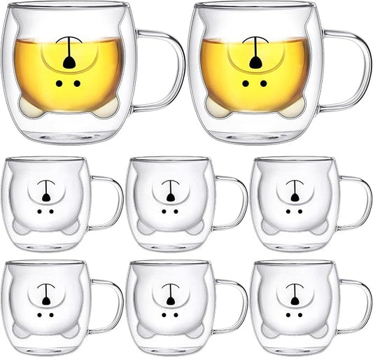 Eccliy 8 Pcs Cute Bear Mugs Bear Tea Cup 8.5 oz Double Wall Glass Honey Milk Coffee Mug with Handle Insulated Glass Espresso Cups Birthday Gift for Women Men Gift