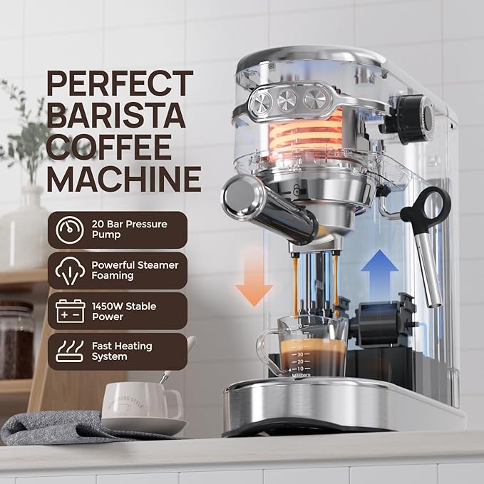 JZ.CAFE Espresso Machine 20 Bar, Compact Espresso Maker, Stainless Steel Expresso Coffee Machines with Steam Milk Frother & 34oz Removable Water Tank for Home, Cappuccino Machine, Great Gift