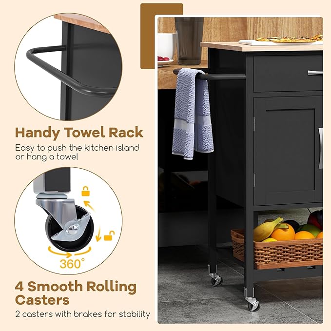 Giantex Rolling Kitchen Island Cart, Mobile Serving Cart with Drawer, 2-Door Storage Cabinet, Storage Shelf, Towel Rack, Food Prep Utility Cart on Wheels for Dining Room, Living Room (Black)