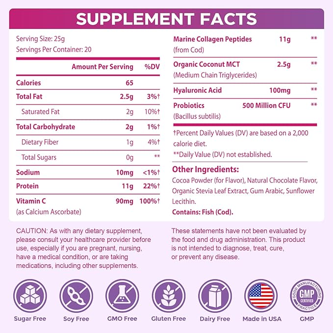 Collagen Protein Coffee Creamer Powder with Coconut MCT, Hyaluronic Acid, Vitamin C & Probiotics for Hair Skin and Nails, Gut Health, Non Dairy, Sugar Free, Keto, Chocolate, 17.64 Ounce (20 Servings)