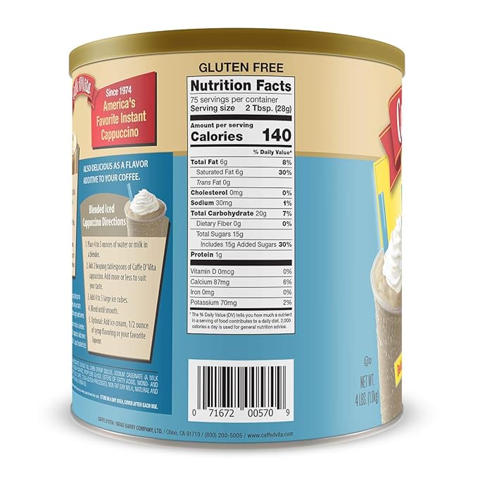 Caffe D'Vita French Vanilla Cappuccino Mix - Instant Vanilla Cappuccino Coffee Mix, Gluten Free, No Cholesterol, 99% Caffeine Free - 4 lb. Can