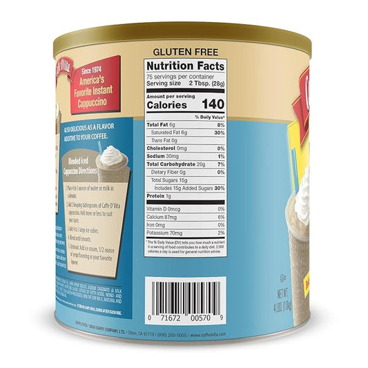Caffe D'Vita French Vanilla Cappuccino Mix - Instant Vanilla Cappuccino Coffee Mix, Gluten Free, No Cholesterol, 99% Caffeine Free - 4 lb. Can