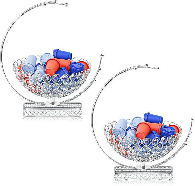 Metal & Crystal Coffee Pod Holder & Candy Basket - Elegant Multipurpose Storage Organizer for K Cups, Espresso Pods, Treats - Kitchen, Office, Home Bar (Silver, 2 PCS)