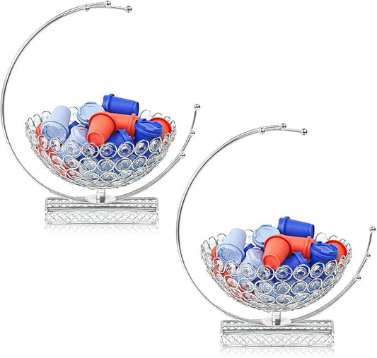 Metal & Crystal Coffee Pod Holder & Candy Basket - Elegant Multipurpose Storage Organizer for K Cups, Espresso Pods, Treats - Kitchen, Office, Home Bar (Silver, 2 PCS)