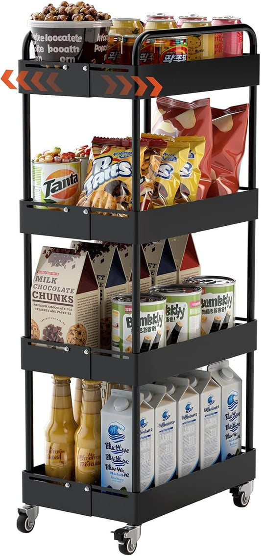 HOTEAGLE 4-Tier Rolling Cart Metal Expandable Utility Carts with Wheels, Ideal Storage Organizer for Livingroom, Bedroom, Kitchen and Bathroom, Black