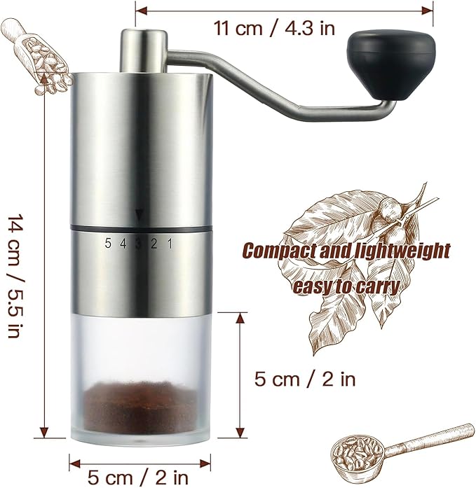 Portable Manual Coffee Grinder - Ceramic Conical Burr with 5 Adjustable Settings for Grinding, Perfect for Espresso Enthusiasts at Home, Office, or Camping