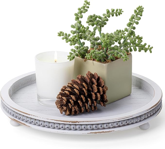 Bamboo Land- Round Decorative Trays for Coffee Table, 12", Light Gray, Wood Tripod & Beaded Design, Wooden Round Tray for Coffee Table