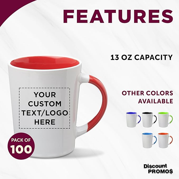 Custom Ceramic Latte Coffee Mugs by Albany 13 oz. Set of 100, Personalized Bulk Pack - Perfect for Coffee, Tea, Espresso, Hot Cocoa, Other Beverages - Red