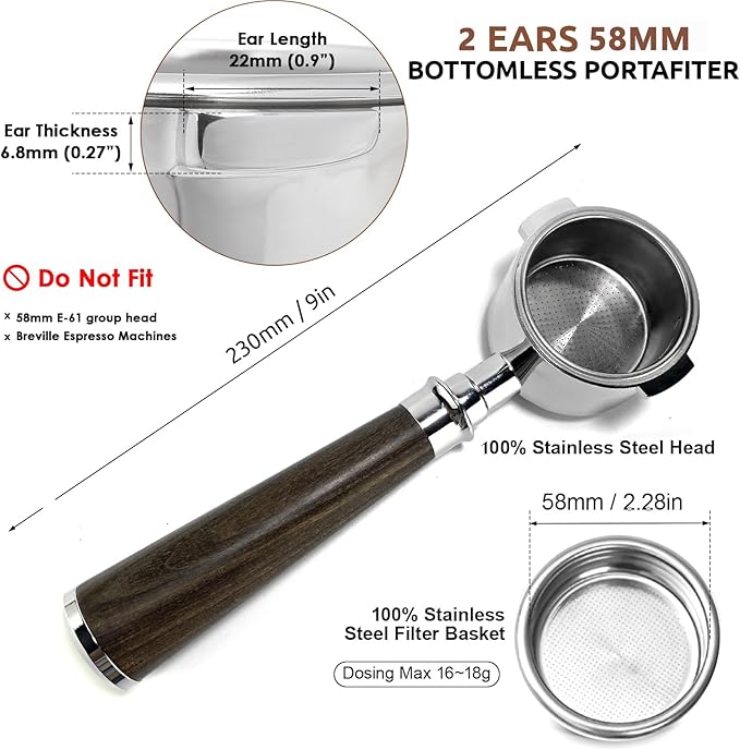 58mm Bottomless Portafilter,Stainless Steel Portafilter 2 Ears for 58-Gaggia Machines-Not suitable with E61 groupheads,with Walnut Handle & Filter Basket(58mm compatible withGaggia/2 Ears)
