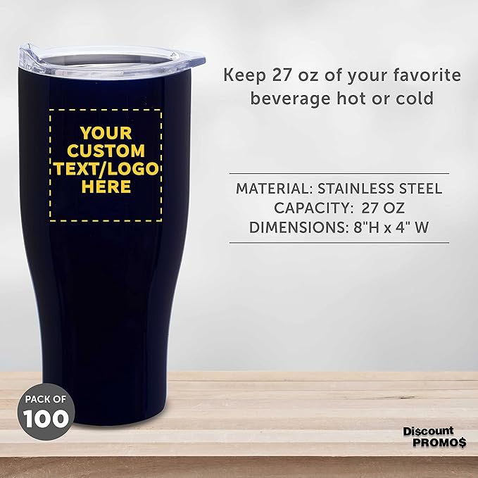 DISCOUNT PROMOS 100 Stainless Steel Grip Travel Mugs Set, 27 oz. - Customizable Text, Logo - Vacuum Insulated, Plastic Lid - Blue