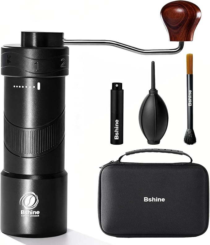Bshine Manual Coffee Grinder with Carrying Case - External Adjust, Conical Burr, 8 Grind Settings, Black