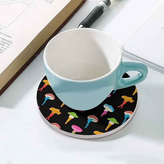 Botanical Drink Coasters, Round Ceramic Drink Coaster Round-6PCS, Cartoon Botanical Colorful Mushroom Pattern Decor Absorbent Ceramic Coasters for Beverage Cup, Bar, Coffee Table