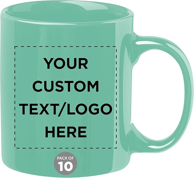 Custom Ceramic Coffee Mugs 11 oz. Set of 10, Personalized Bulk Pack - Coffee cup set, Iced coffee cup, Gaming mug - Tiffany Teal