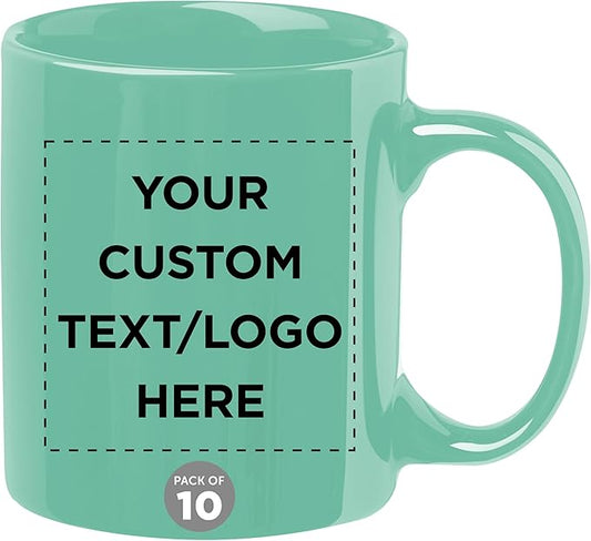 Custom Ceramic Coffee Mugs 11 oz. Set of 10, Personalized Bulk Pack - Coffee cup set, Iced coffee cup, Gaming mug - Tiffany Teal
